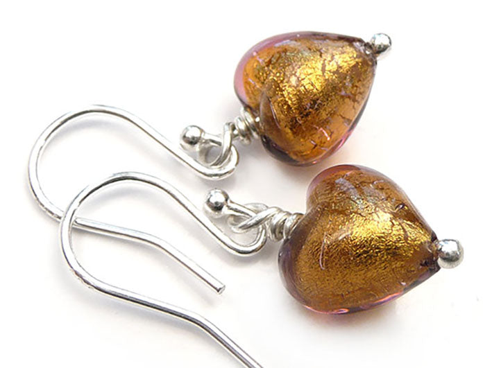 Murano Glass Tiny Heart Earrings - Chocolate