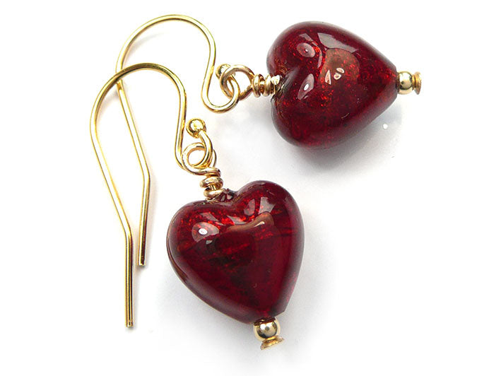 Murano Glass Tiny Heart Earrings - Gold Ruby
