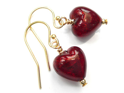 Murano Glass Tiny Heart Earrings - Gold Ruby