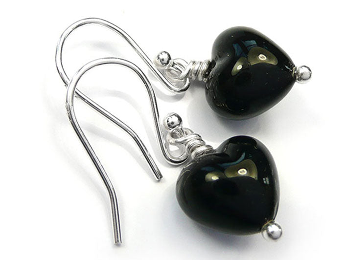 Murano Glass Tiny Heart Earrings - Jet