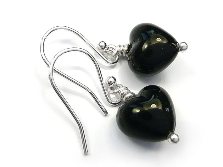 Murano Glass Tiny Heart Earrings - Jet