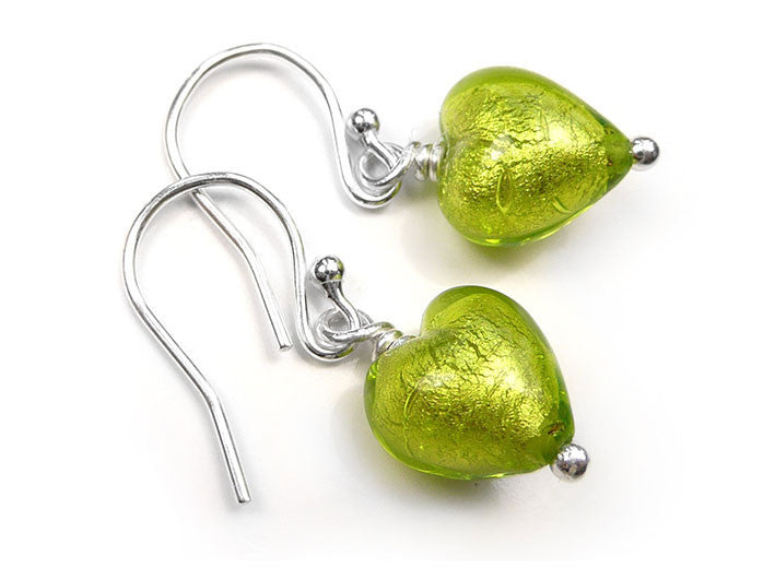 Murano Glass Tiny Heart Earrings - Lime