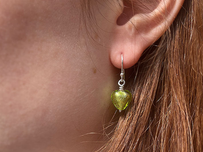 Murano Glass Tiny Heart Earrings - Lime