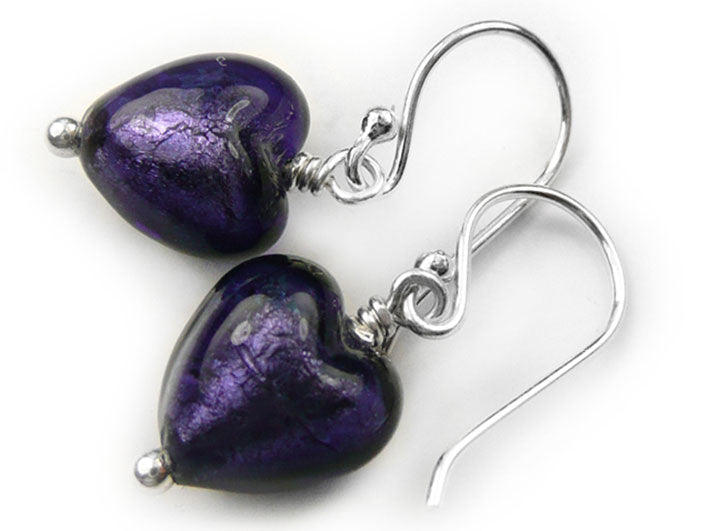 Murano Glass Tiny Heart Earrings - Purple Velvet