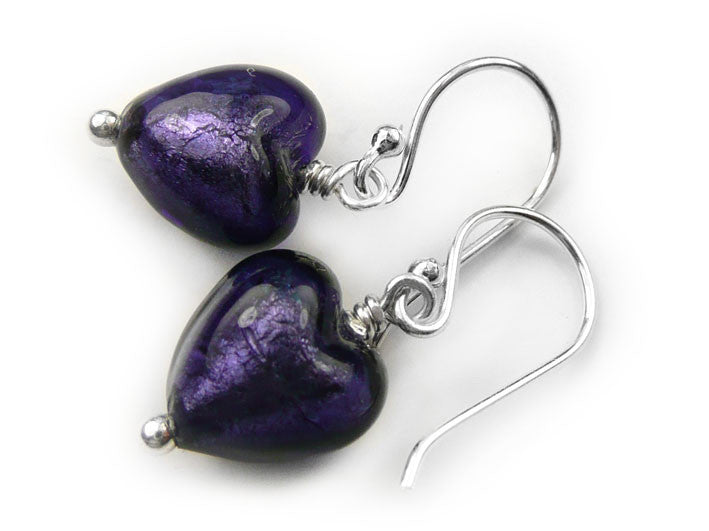 Murano Glass Tiny Heart Earrings - Purple Velvet