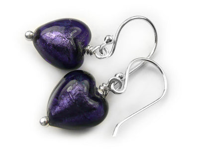 Murano Glass Tiny Heart Earrings - Purple Velvet