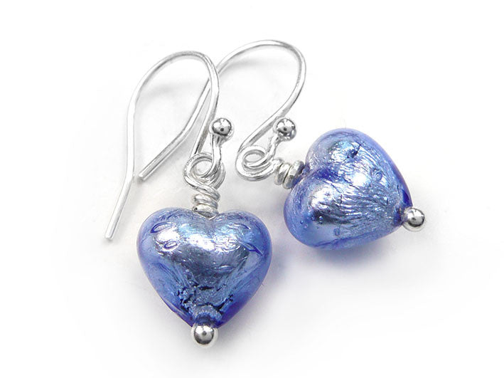 Murano Glass Tiny Heart Earrings - Sapphire