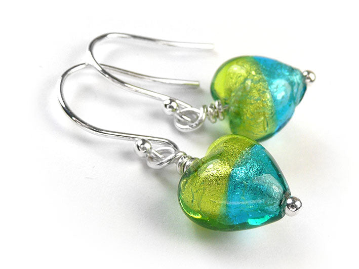 Murano Glass Tiny Heart Earrings - Turquoise and Lime