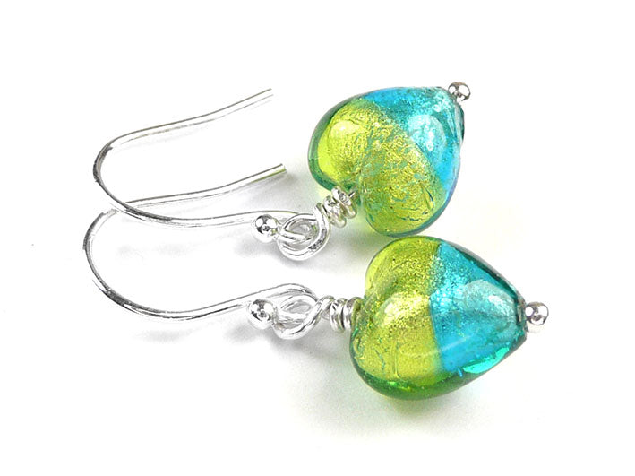 Murano Glass Tiny Heart Earrings - Turquoise and Lime