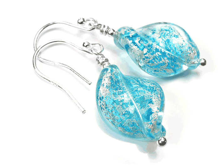 Murano Glass Twist Earrings - Aqua and White Gold