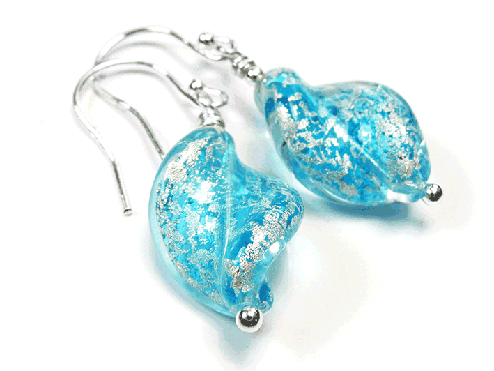 Murano Glass Twist Earrings - Aqua and White Gold