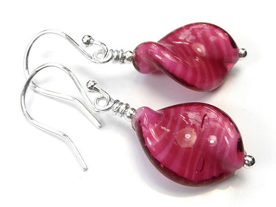 Murano Glass Twist Earrings - Raspberry White Core