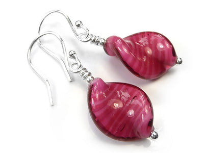 Murano Glass Twist Earrings - Raspberry White Core