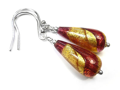 Murano Glass Drop Earrings - Rubino Gold Swirl