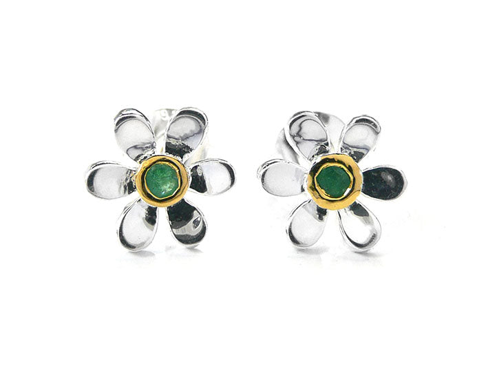 Silver Earrings - Pretty Daisy Emerald