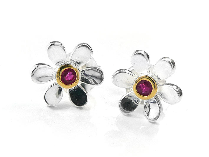 Silver Earrings - Pretty Daisy Ruby