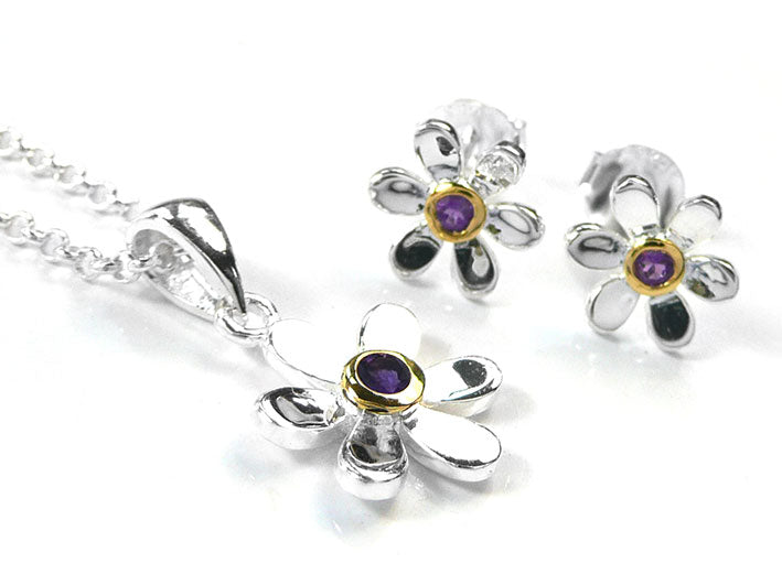 Silver Earrings - Pretty Daisy Amethyst