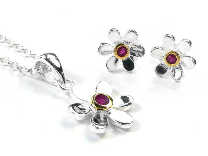 Silver Earrings - Pretty Daisy Ruby