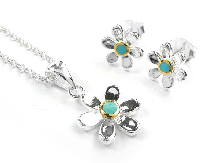 Silver Pendant - Pretty Daisy Turquoise